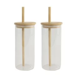 Orange85 Drinkglazen Met Bamboo Deksel Met Rietje 2 Stuks 400 Ml Waterglazen