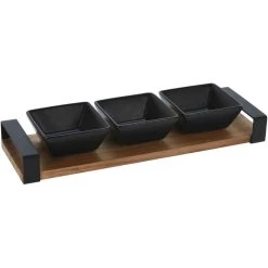 Excellent Houseware Serveerplank Met 3 Tapas Schaaltjes - Hout - 32 X 10 Cm