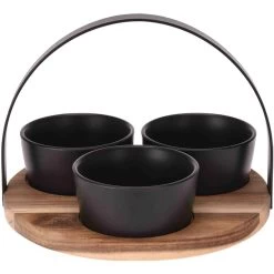 Excellent Houseware Serveerplank - Rond - 3 Schaaltjes - Hout - 22 Cm