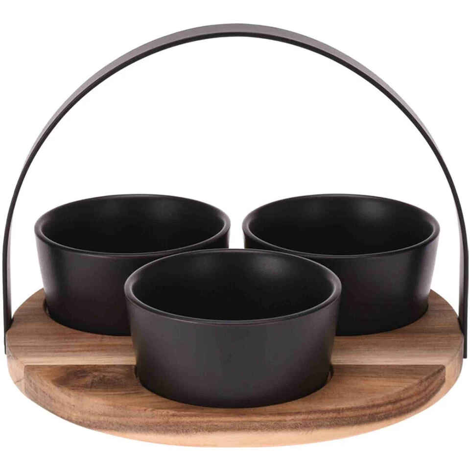 Excellent Houseware Serveerplank - Rond - 3 Schaaltjes - Hout - 22 Cm 3 Excellent Houseware Serveerplank - Rond - 3 Schaaltjes - Hout - 22 Cm