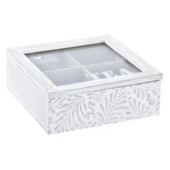 Items Theedoos/theekist Leaves - Hout - Wit - 4 Vakken