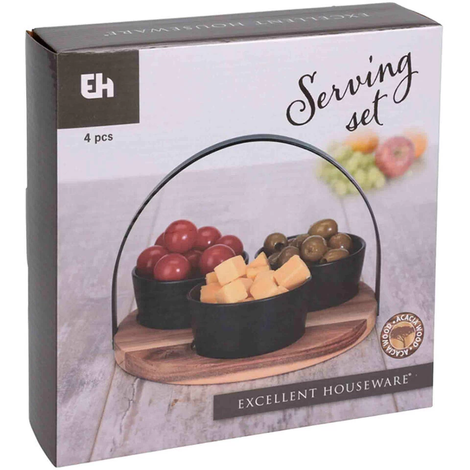 Excellent Houseware Serveerplank - Rond - 3 Schaaltjes - Hout - 22 Cm 4 Excellent Houseware Serveerplank - Rond - 3 Schaaltjes - Hout - 22 Cm - Afbeelding 2