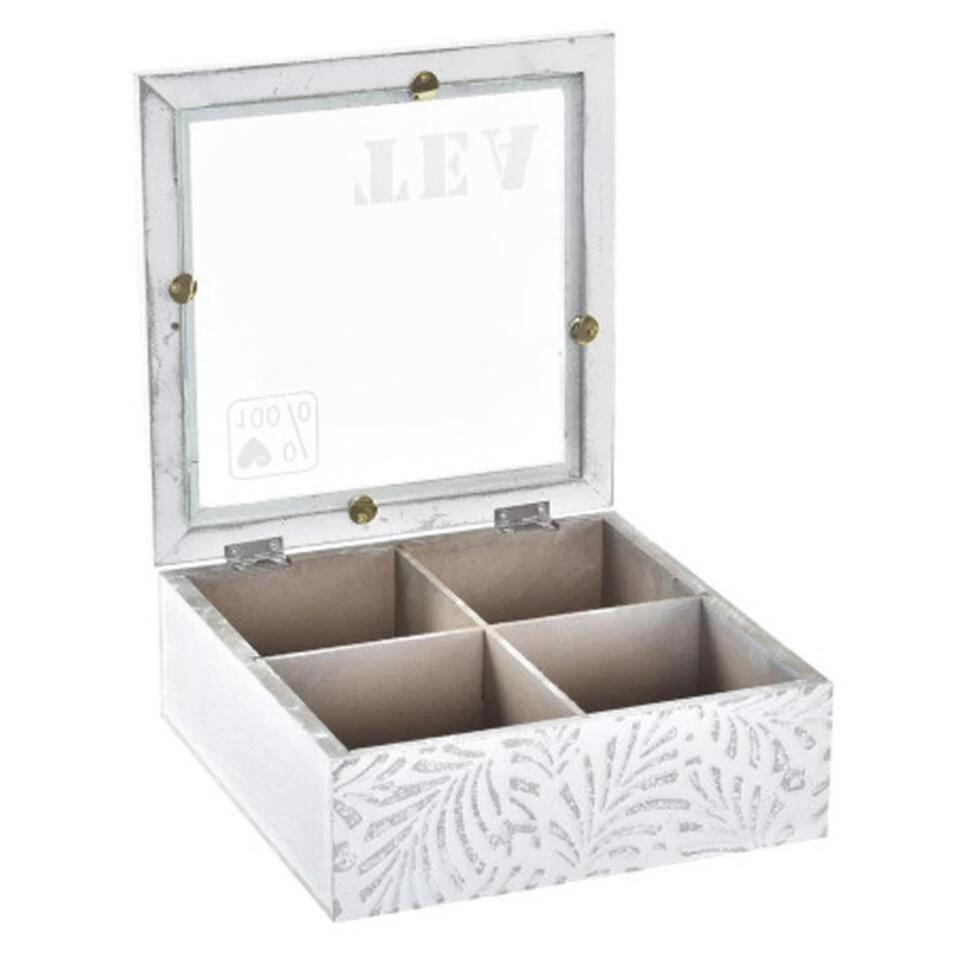 Items Theedoos/theekist Leaves - Hout - Wit - 4 Vakken 4 Items Theedoos/theekist Leaves - Hout - Wit - 4 Vakken - Afbeelding 2