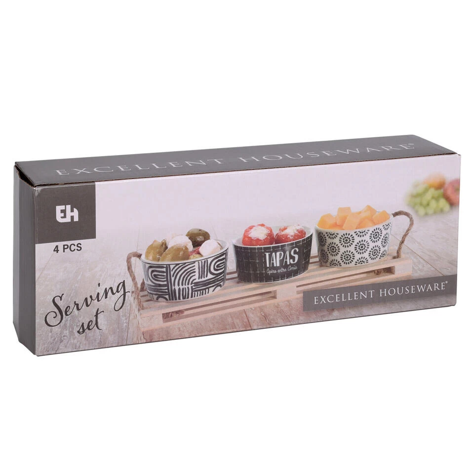 Excellent Houseware Serveerplank - Hout - 23x9cm - Met 3st Porselein Schaaltjes 4 Excellent Houseware Serveerplank - Hout - 23x9cm - Met 3st Porselein Schaaltjes - Afbeelding 2